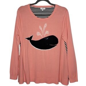Crown & Ivy Women's L Whale Print Sweater Long Sleeve Nautical Stripes Peach